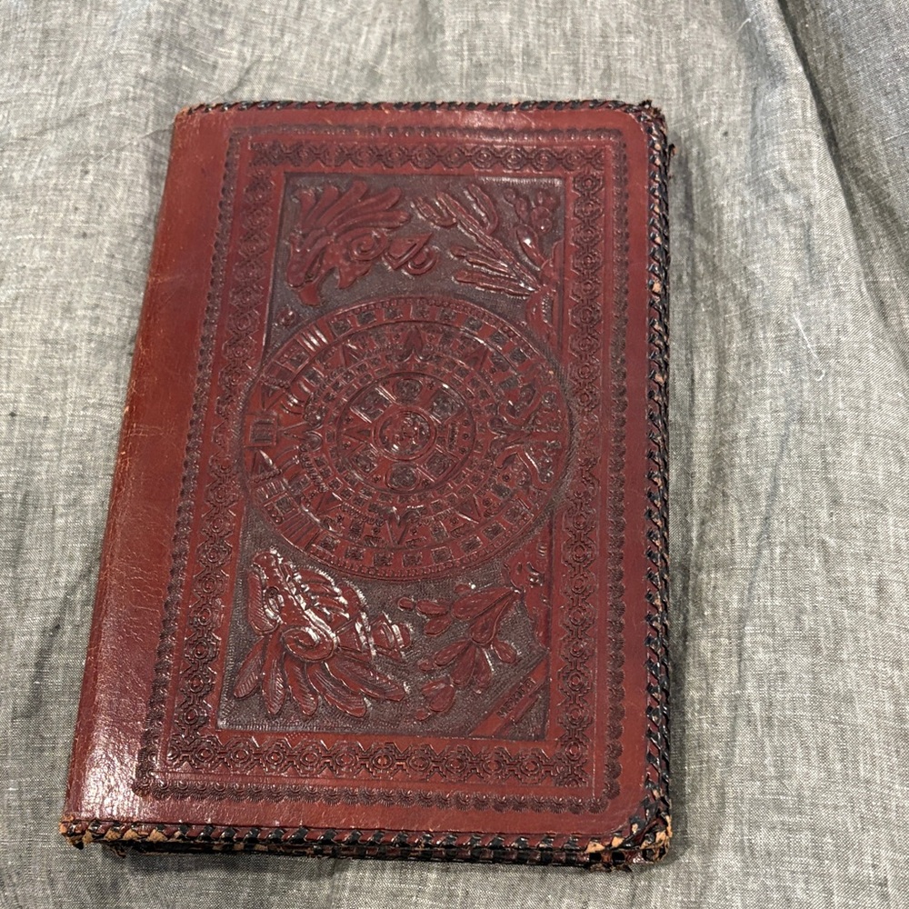 Vintage Hand Tooled Leather Embossed Aztec Stamped Mexico Brown 12x8 organizer